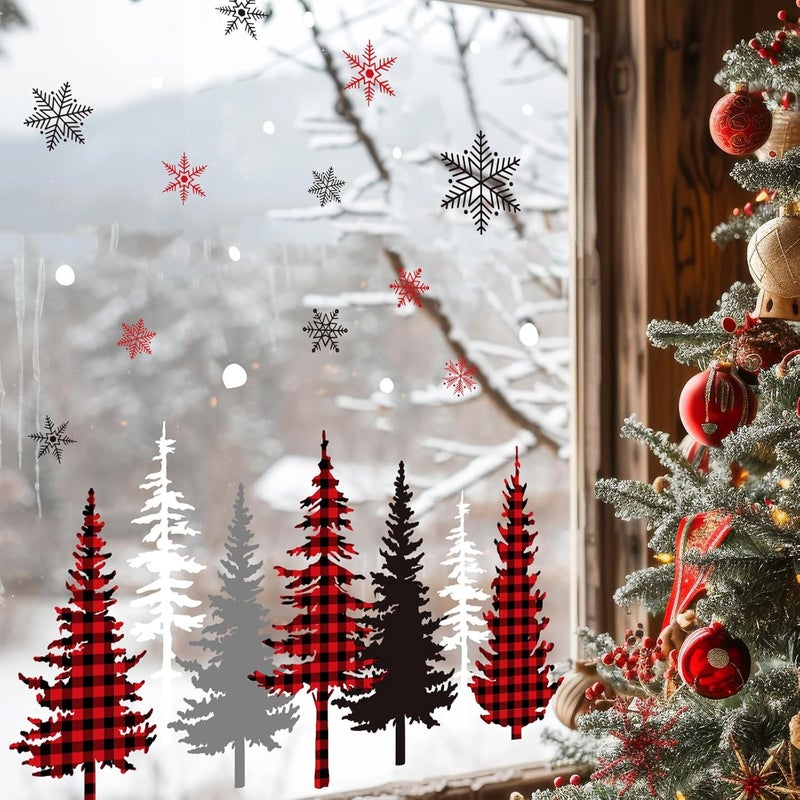 Whaline 9 Sheet Christmas Window Clings Red Black Gray Xmas Trees Snowflake Window Decal Reusable Anti-Collision Windows Decor for Winter Home School Office Party Supplies - Image 3